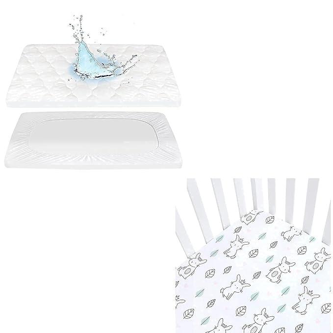 Pack n Play Fitted Sheet and Waterproof Pack n Play Mattress Pad, Soft and Breathable Cover Protector