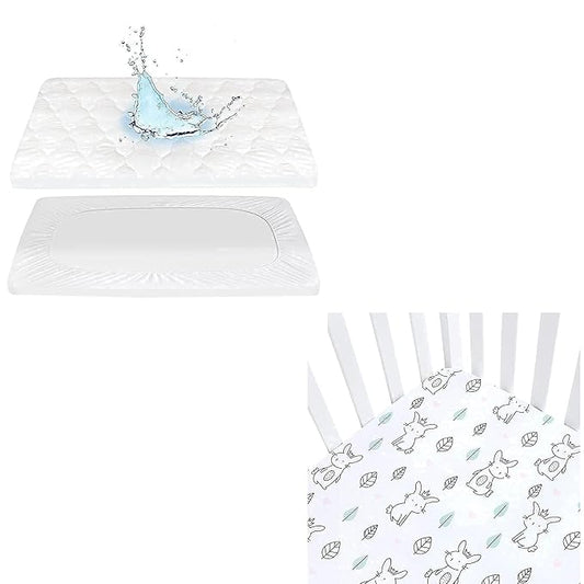 Pack n Play Fitted Sheet and Waterproof Pack n Play Mattress Pad, Soft and Breathable Cover Protector
