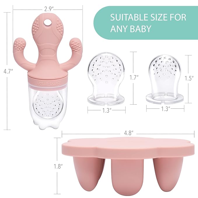 Little Twig Baby Fruit Feeder Pacifier & Teether Set – Silicone Baby Food Feeder with Freezer Tray, BPA Free Teething Toy for Infants, Breast Milk Pops, Fruit & Puree Feeder, Baby Led Weaning Kit
