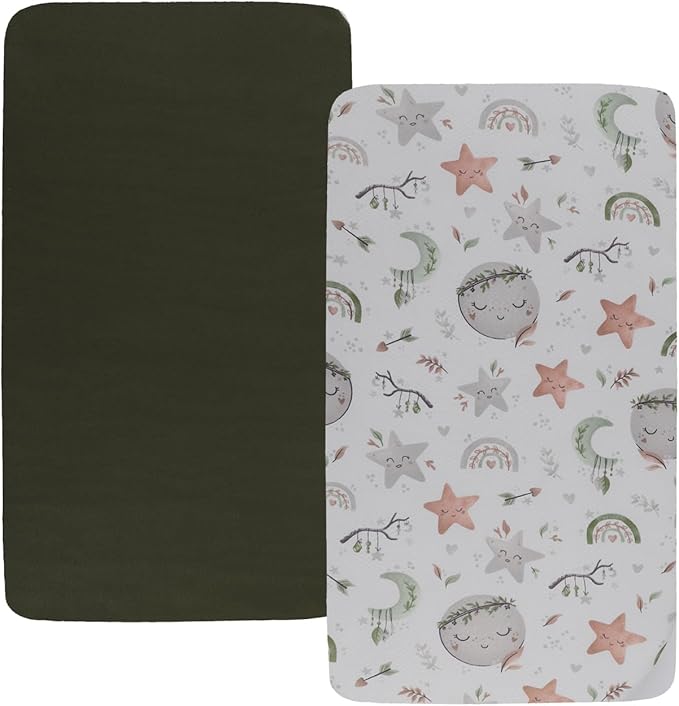 Stretchy Fitted Crib Sheets Set 2 Pack Portable Crib Mattress Topper for Baby Girl Boy,Ultra Soft Jersey Material, Light Green & Moon