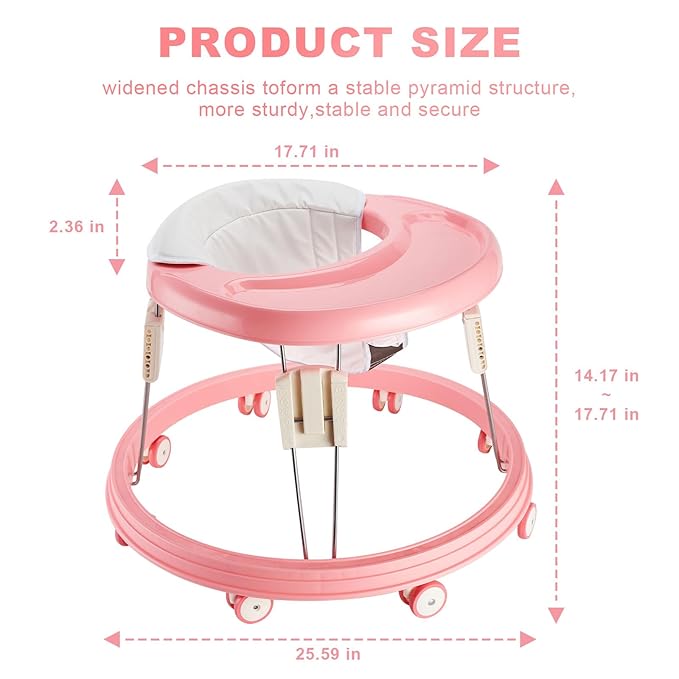 Adjustable Baby Walkers for Baby with Easy Clean Tray, Universal Wheeled Walker, Anti-Rollover Folding Walker for Girls Boys 6-18Months Toddler (Pink)
