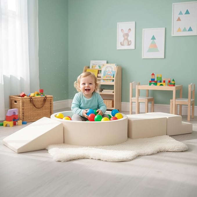 Tiita Climbing Toys with Ball Pit for Toddlers, 4-Piece Kids Foam Climbing Blocks for Baby, Activity Soft Climb and Crawl Playset Indoor Playground, Beige (Balls not Included)