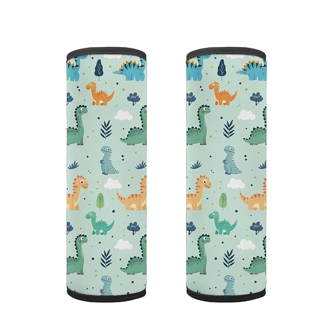Biyejit Green Dinosaurs Car Seat Neck Cover, Car Seat Strap Cover, 2 Pack Seat Belt Cushions Pads, Shoulder Strap Protectors, Reversible Pram Harness Covers, Baby Neck Pad Protector