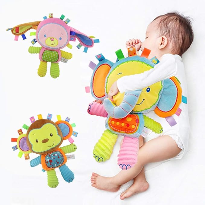 Baby Tags Toy, Taggie Security Blanket Elephant Stuffed Toy, Baby Plush Sensory Tag with Ribbons & Rattle, Toddler, Newborns, Infant