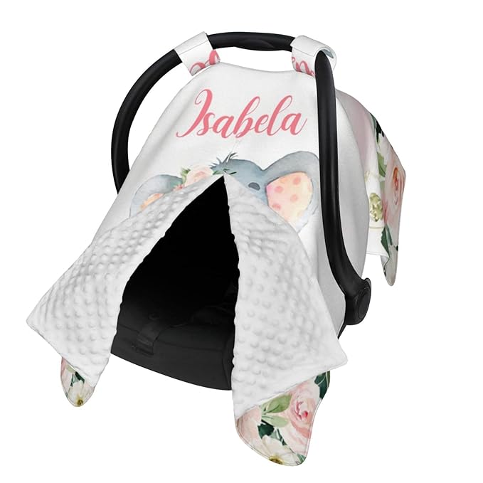 Personalized Baby Car Seat Canopy for Babies, Custom Name Car Seat Covers for Baby Girl, Elephant Rose Pink Opening Minky Nursing Breastfeeding Cover for Infant, Carseat Canopies for Newborn