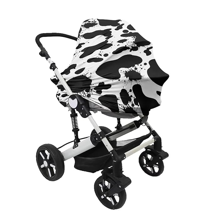 Car Seat Covers Canopy Cover- Multi-use Cover Carseat Canopy, Black White Cow Painting Breathable Breastfeeding Protector for Babies, Boys & Girls Shower Gifts