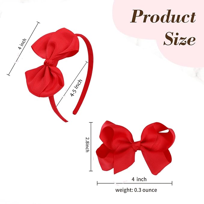 Bow Headband & 2 Pcs 4 Inch Hair Bows Set, Black School Hair Accessories for Little Toddler School Girls (Red)