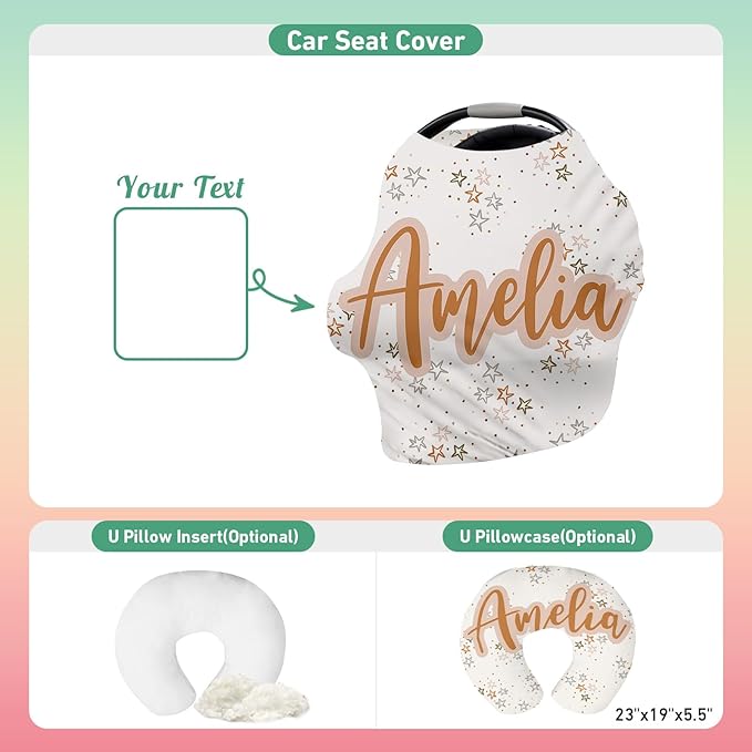 Personalised Car Seat Cover for Girls and Boys - 7 in 1 Multipurpose Breast Feeding Cover, White Star Nursing Cover, Grocery Cart Cover - Birthday Gift for Babies