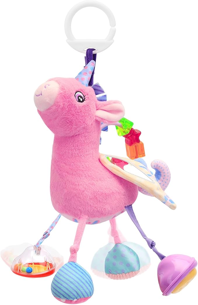 Car Seat & Stroller Toy for Girl - Musical Sensory Plush with Rattle & Mirror Baby Toys 0-12 Months Hanging Travel Carseat Toys Soft Squeaky Stuffed Animal Unicorn for Babies Gifts