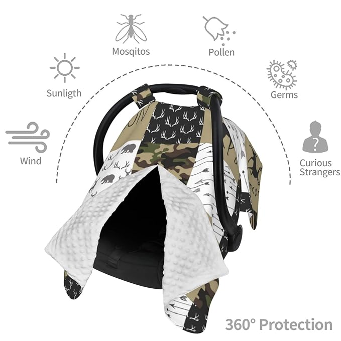 Personalized Green Woodland Deer Baby Infant Car Seats Canopy for Babies with Name, Custom Multi-use Blankets for Baby Boys, Peekaboo Minky Nursing Breastfeeding Stroller Cover Canopies for Newborn