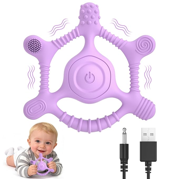 Vibrating Teether for Baby, Sensory Toys for Kids with Autism & Teething Relief for Babies 6-18 Months, USB Chargeable with 3 Vibration Settings, Autism Sensory Products (Purple)
