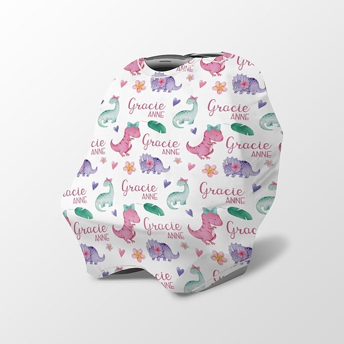 Personalized Baby Car Seat Cover Stroller Canopy: Custom Name Newborn Baby Boy Girl Elastic Animals Nursing Cover for Moms First Birthday Gift Pink Dinosaur(one Size)