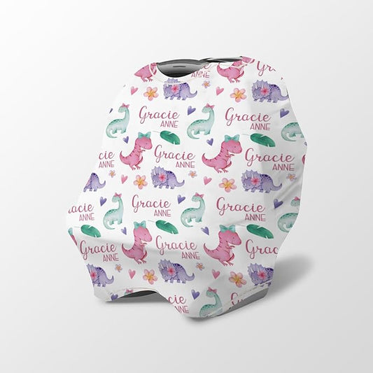 Personalized Baby Car Seat Cover Stroller Canopy: Custom Name Newborn Baby Boy Girl Elastic Animals Nursing Cover for Moms First Birthday Gift Pink Dinosaur(one Size)