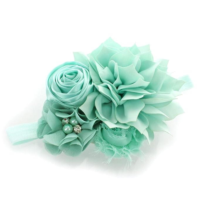 My Lello Headband Shabby Fabric Flower Cluster Baby - Infant - Toddler - Girl Stretchy Elastic Mineral Ice
