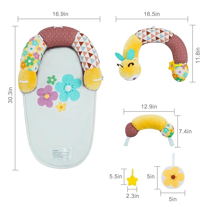 Lovvie & Joy 2-in-1 Tummy Time Mat & Seated Support Pillow,Baby Tummy Time Pillow Support for Newborns and Older Babies,with Detachable Support Pillow and Toys Bee Spirit