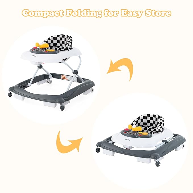 INFANS Foldable Baby Walker, 3 in 1 Toddler Walker Leaning-Seated Walk-Behind with Removable Music Tray, Adjustable Height, Washable Seat Cushion for Boys and Girls (Checkerboard)