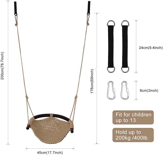 JKsmart Toddler Swing, Swing Seat for Kids Heavy Duty Rope Play Secure Children Swings Set, Perfect for Indoor,Outdoor,Playground,Home,Tree,with Snap Hooks & Straps,440 lbs Capacity, Light Brown