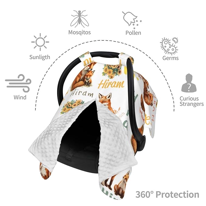 Personalized Cute Fox Baby Car Seat Cover for Girls Boys, Customized Baby Carseats Covers with Name, Custom Monogram Stroller Canopy Nursing Cover Breastfeeding Scarf for Newborn Infant New Mom