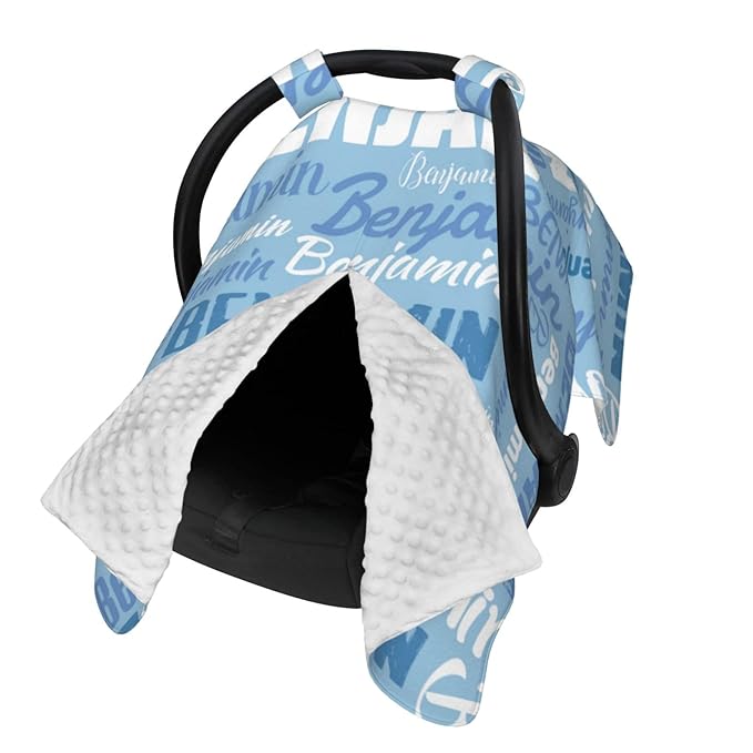 Personalized Baby Car Seat Canopy for Babies, Custom Name Baby Car Seats Covers for Boys Girls, Opening Minky Nursing Breastfeeding Cover for Infant, Carseat Canopies for Newborn (Sky)