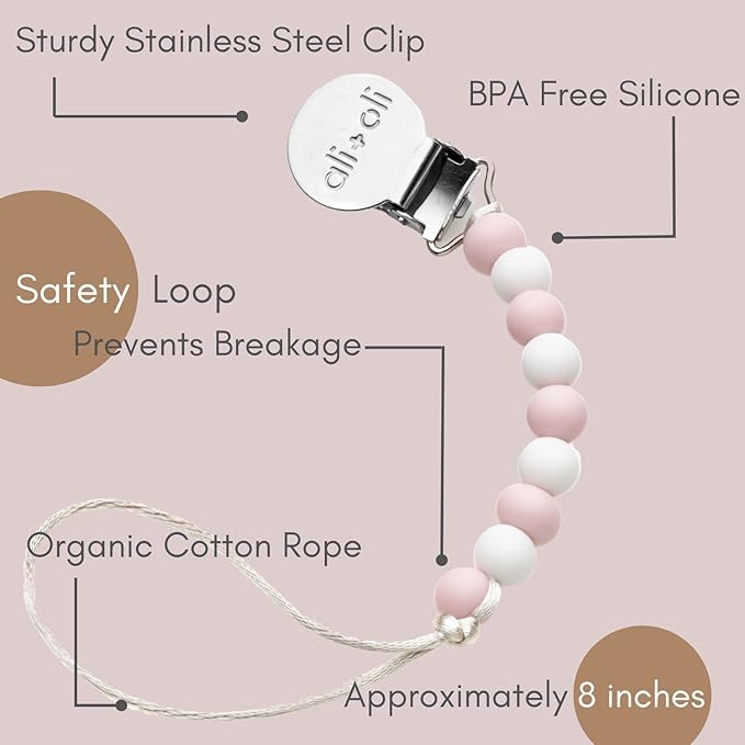 Ali+Oli Silicone Pacifier Clip for Baby (Thin Pink) 100% Food-Grade BPA Free Newborn Pacifier Holder Infant Binky Clip for Baby for Baby Boy or Girl