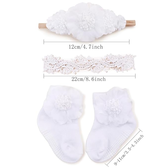 cherrboll Baby Girl Headbands and Socks Set, 3Pcs Soft Floral Hairbands Hair Bows Knit Socks for Newborn Infants Toddlers Photography Props Gifts