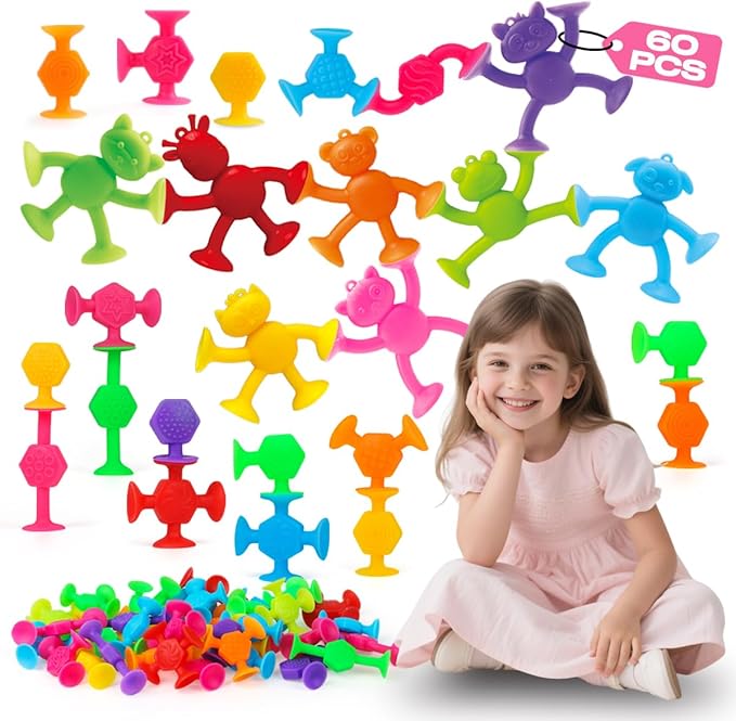 Suction Cup Kids Bath Toys for Toddler Aged 3, 60PCS Animal and Textured Suckers, Montessori Sensory Gifts for Kids 4-8 Years Old, Educational Learning Building Toy