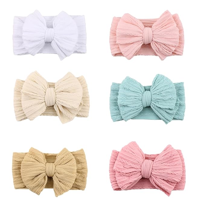 Stretchy Headbands with Bows for Newborn, Infant and Toddler Girls, Beige Unisex Head Wraps (6 Pack, 03H-09)