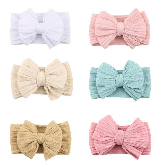 Stretchy Headbands with Bows for Newborn, Infant and Toddler Girls, Beige Unisex Head Wraps (6 Pack, 03H-09)