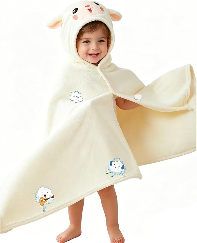Toddler Baby Bath Towel with Hood 27.5"X55" Ultra Absorbent Soft Cozy Comfort Bathrobe Blanket, 0-6 Years Infant Shower Towel for Girls(White-Goat)