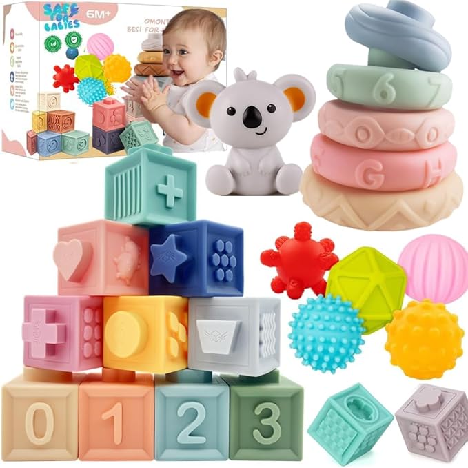 ELLECK Baby Montessori Sensory Toys for 0-6 6-12 Months, Teething Toys for Babies 0 3 6 9 12 18 Months, Infant, Newborn Rattle Teether, Blocks, Soft Stacking Rings, Ideal Baby Boy Girl Gifts Set