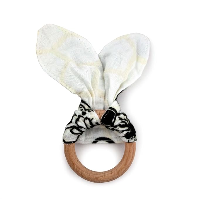 Kanga Care Baby Soft Muslin Sensory Crinkle Bunny Ear Wood Teething Ring - Unity Bees
