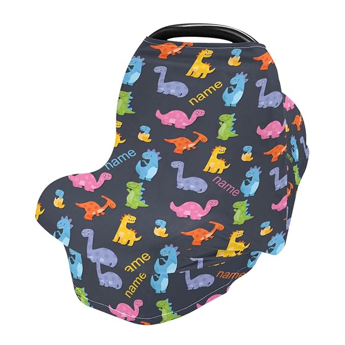 Personalized Baby Car Seat Cover for Babies, Custom Name Baby Car Seats Canopy for Boys Girls, Nursing Breastfeeding Stroller Covers for Infant Newborn, Shower Gift for Baby (Colorful Dinosaur)