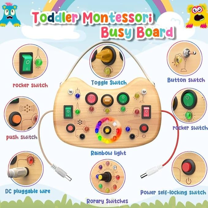 flycoost Montessori Busy Board with LED Light Switches,Toddler Toys for 1 2 3 Years Olds Wooden Activity Autism Baby Busy Board,Sensory Travel Toys for Toddlers 1-3 Years Old Boy&Girl Birthday Gift