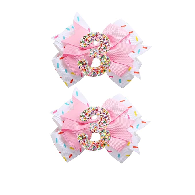 Birthday Hair Clips for Baby Girls - 2Pc Pink Sprinkle Bow Hair Clips for 3rd Birthday Glitter Ice Cream Baby Bow Party Decorations for Girls Toddlers Hair Accessories (Pink-3 Years)