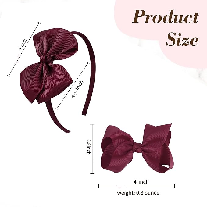 Maroon Bow Headband & 2 Pcs 4 Inch Hair Bows Set, Black School Hair Accessories for Little Toddler School Girls (Maroon)
