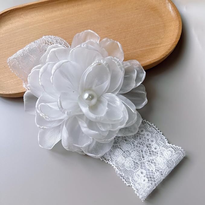 Baby Girls Flower Headbands Cute Kids Christening Headband Soft Lace Hairbands Floral Crown Newborn Infant Toddlers Hair Accessories for Birthday Party Photography(Beige Flowers)
