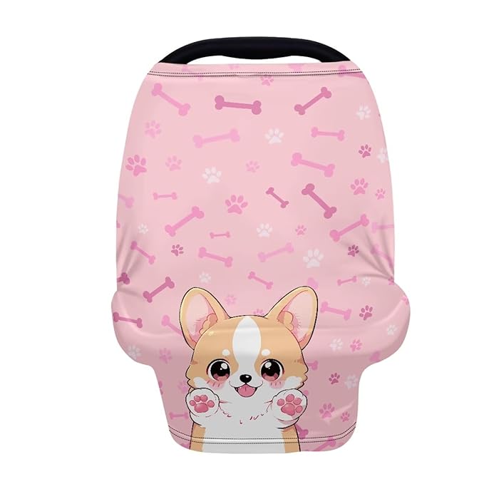 Biyejit Pink Corgi Baby Car Seat Cover, Infant Carseat Canopy, Nursing Breastfeeding Cover, Stretchy Carrier Covers for Stroller/Shopping Cart, Newborn Registry & Shower Gift for Boys Girls