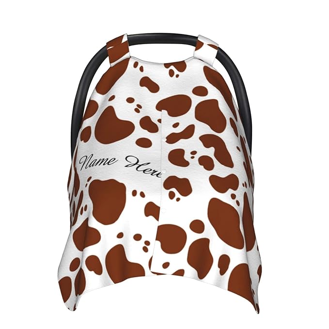 Personalized Brown Cow Print Baby Infant Car Seats Canopy for Babies with Name, Custom Multi-use Blankets for Baby Boys Girls, Peekaboo Minky Nursing Breastfeeding Stroller Cover Canopies for Newborn