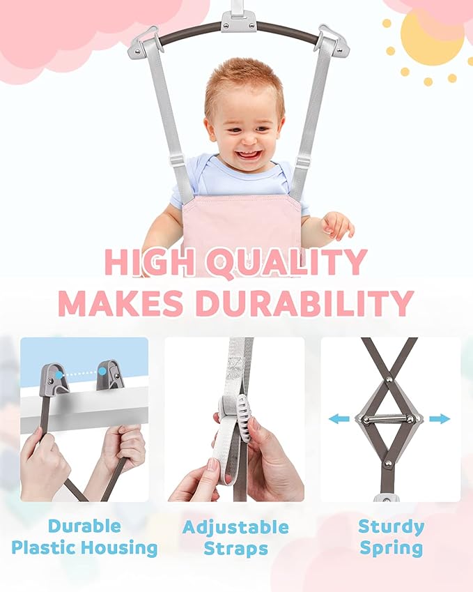 Infant Master Doorway Jumper, Durable Bumper Jumper w/Adjustable Height, Funny Baby Doorway Swing Bouncer w/Seat Bag, Popular Gift for Infant & Toddler, Portable and Free Installation, Pink