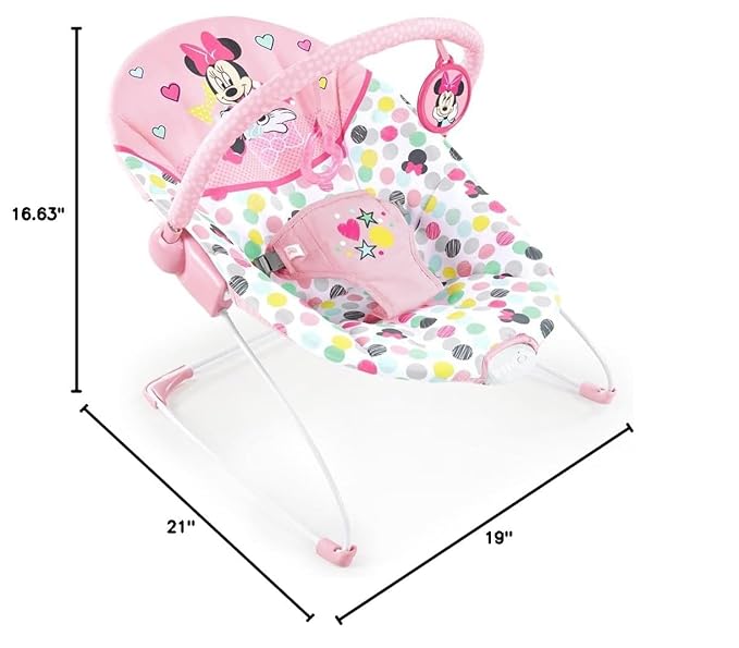 Bright Starts Disney Baby Minnie Mouse Baby Bouncer Soothing Vibrations Plush Infant Seat - Removable Toy Bar, Nonslip Feet, 0-6 Months Up to 20 lbs (Spotty Dotty)
