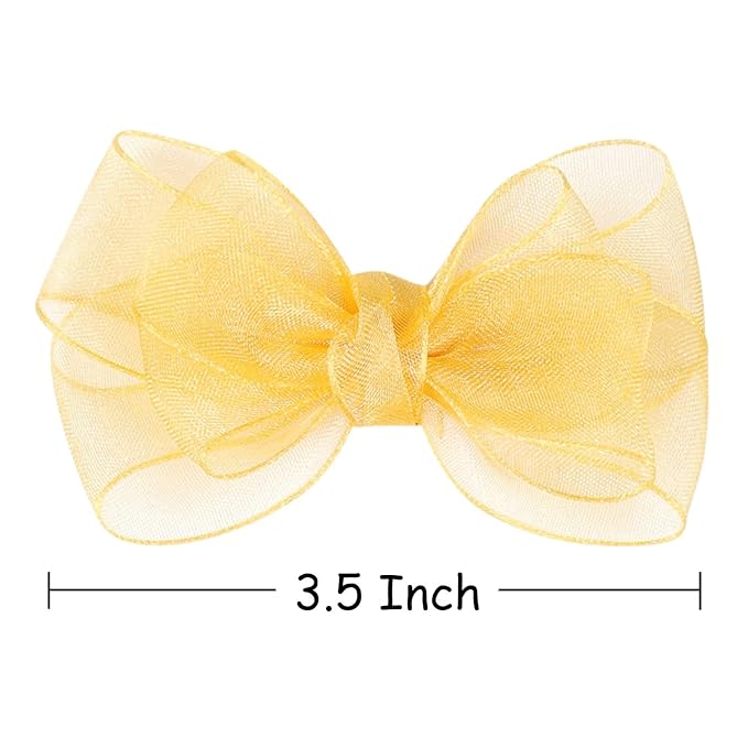 3.5-Inch Organza Hair Bows for Girls - Elegant Sheer Ribbon Alligator Clips for Toddlers, Kids, and Teens - Pack of 2, Yellow