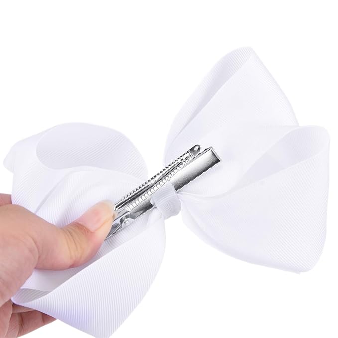DEEKA 2 PCS 6" Big Hand-made Grosgrain Ribbon Solid Color Hair Bows Alligator Clips Hair Accessories for Little Teen Toddler Girls Kids Set of 2 -White