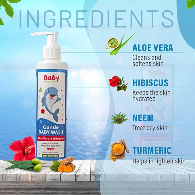 Babyorgano Baby Body Wash 200ml for Kids with Aloe Vera, Hibiscus & Neem, Cleanse Moisturize Head to Toe, All Skin Type, Paraben Free, FDCA Approved 200 ml (Pack of 1) Transparent
