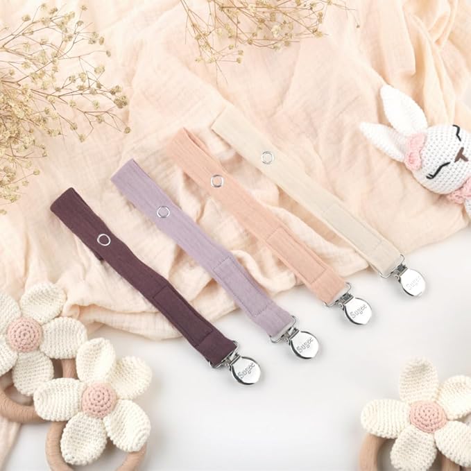 Baby Pacifier Clip Leash Holder Unisex for 4 Pack Gift Set with Neutral Solid Colors ;Soft Linen Pacifier Clips ; Fabric Pacifier Strap with Clip Keeps Pacifiers & Teethers in Place (Purple