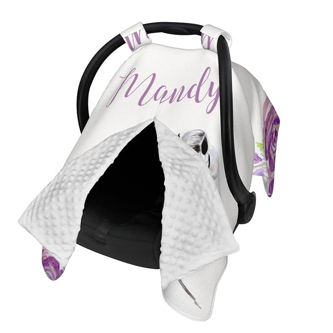 Personalized Baby Car Seat Canopy for Babies with Name, Custom Floral Purple Horse Stroller Car Seat Covers for Girls, Minky Nursing Carseat Cover for Breastfeeding, Car Seat Canopies for Newborn