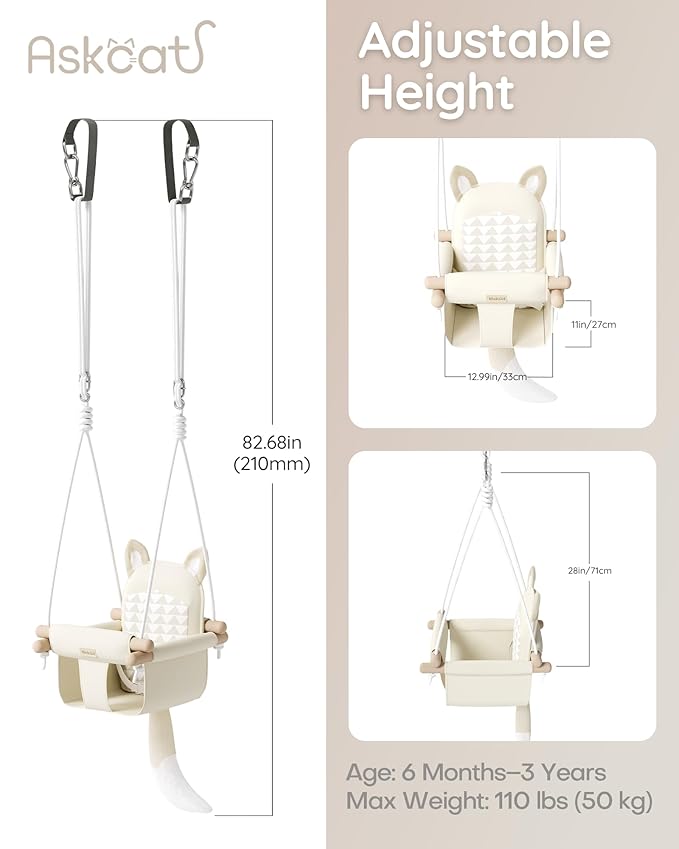 Wooden Hanging Baby Swing with Soft Safety Belt, Cozy Infant Swing Seat for Indoor & Outdoor Use, Adjustable Height, Includes Mounting Hardware – Suitable for Babies & Toddlers(Fox-Themed in Beige)