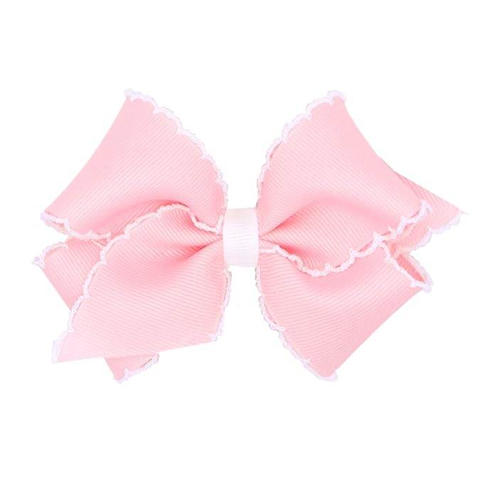 Wee Ones Girls' Classic Grosgrain Moonstitch Edge Hair Bow, No-Slip Hair Clip, Handmade, Light Pink with White, Small