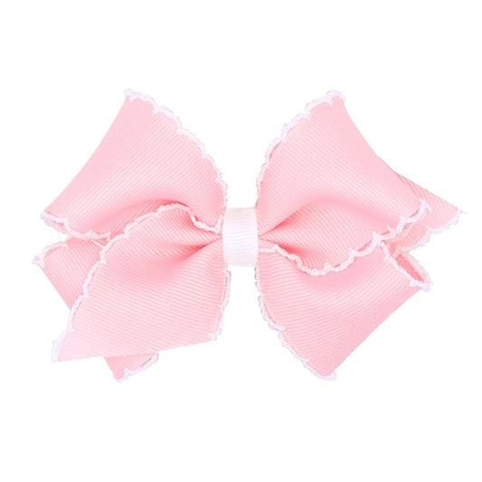 Wee Ones Girls' Classic Grosgrain Moonstitch Edge Hair Bow, No-Slip Hair Clip, Handmade, Light Pink with White, Small