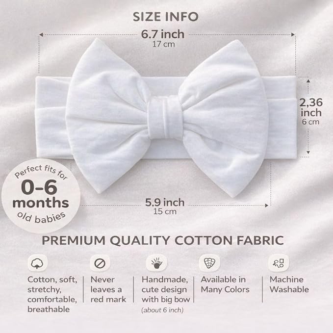 Newborn Baby Girl Headband 0–6 Months – Soft Cotton Big Bow Headband for Infants, Stretchy Baby Hair Band, 4.3" (11 cm) Bow, 2.4" (6 cm) Band (Soft White, 0-6 Month)