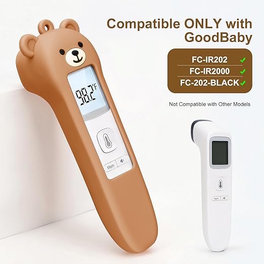 Cute Bear Silicone Thermometer Case Compatible with GoodBaby No-Touch Thermometer, Soft Anti-Drop Protective Cartoon Animal Cover Helps Calm Babies During Temperature Checks - Brown